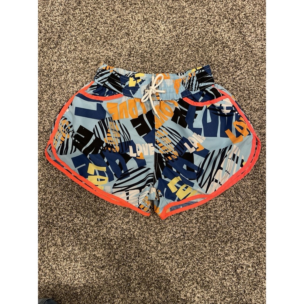 Womens Beach Shorts Swim Trunks Size Medium Colorful "LOVE" Print Neon Piping